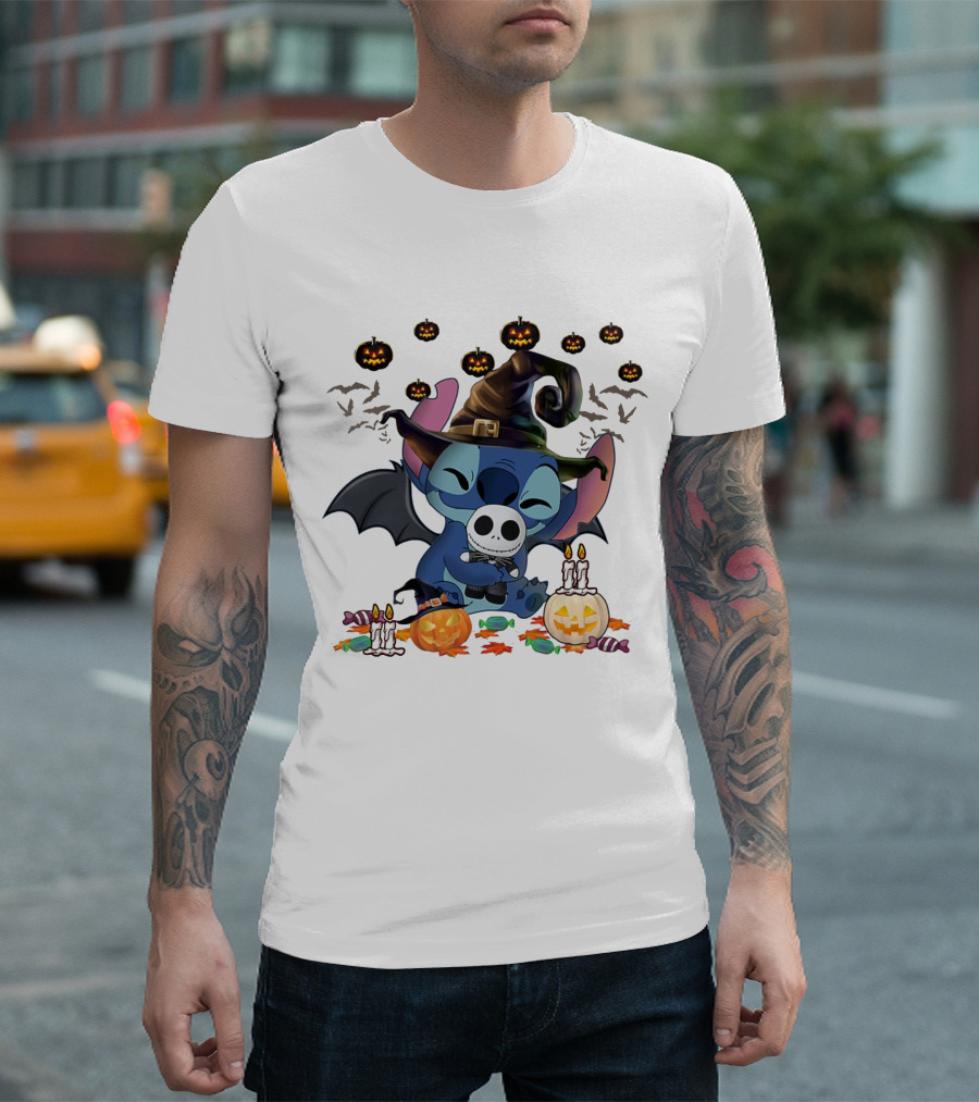 Halloween Stitch Witch with Baby Jack Skellington Surrounded by Pumpkins and Candy T-Shirt