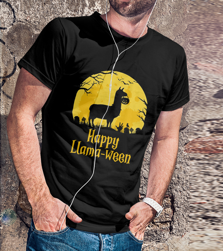 Happy Llamaween Llama Holding Pumpkin Silhouette In Spooky Halloween Scene T-Shirt