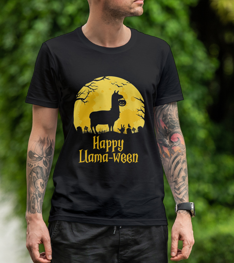 Happy Llamaween Llama Holding Pumpkin Silhouette In Spooky Halloween Scene T-Shirt