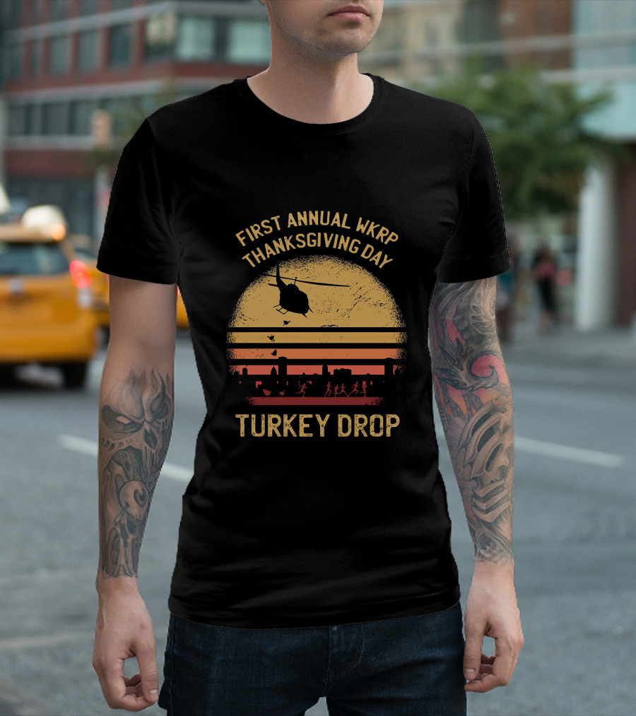 First Annual WKRP Thanksgiving Day Turkey Drop Helicopter Silhouette Vintage Sunset Scene T-Shirt