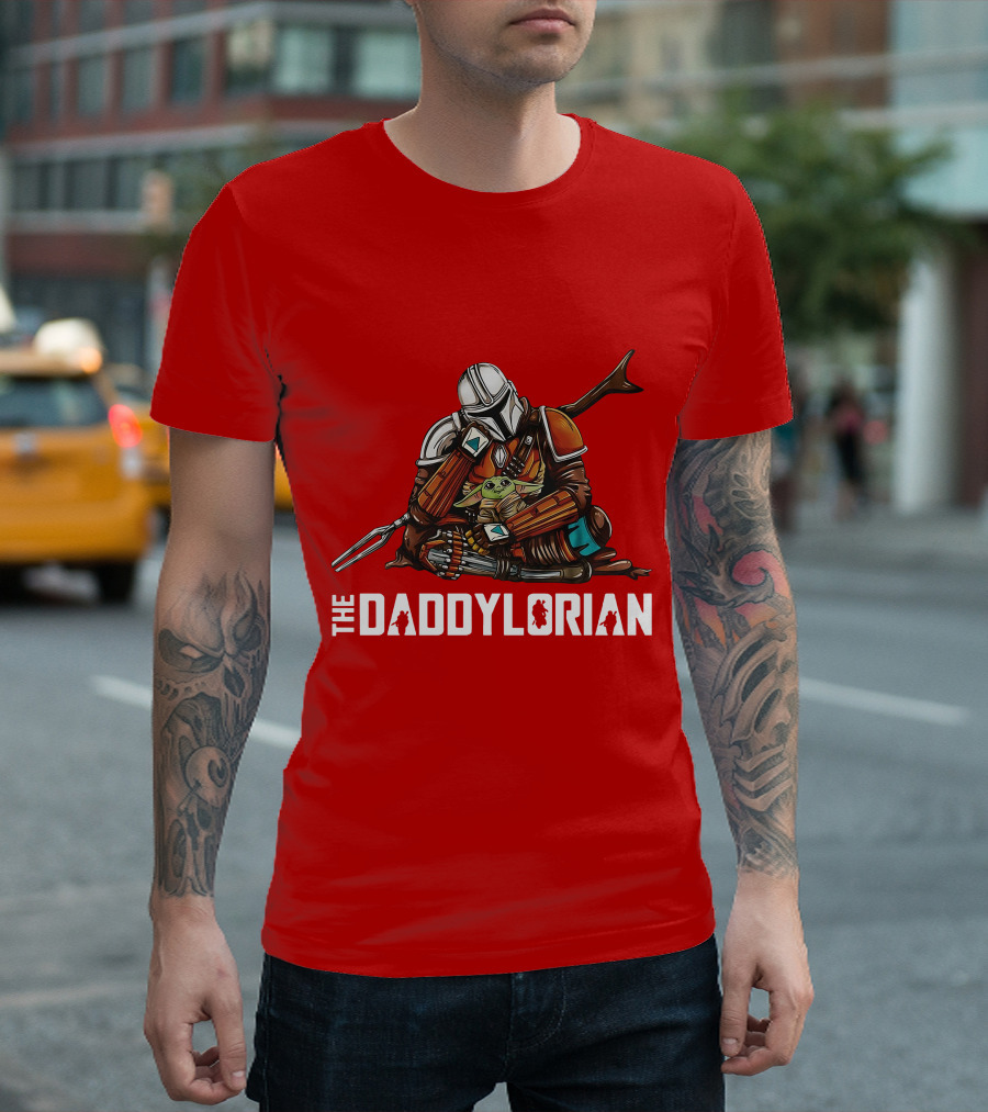 The Daddy Lorian Star Wars Mandalorian with Baby Yoda Grogu Hugging T-Shirt