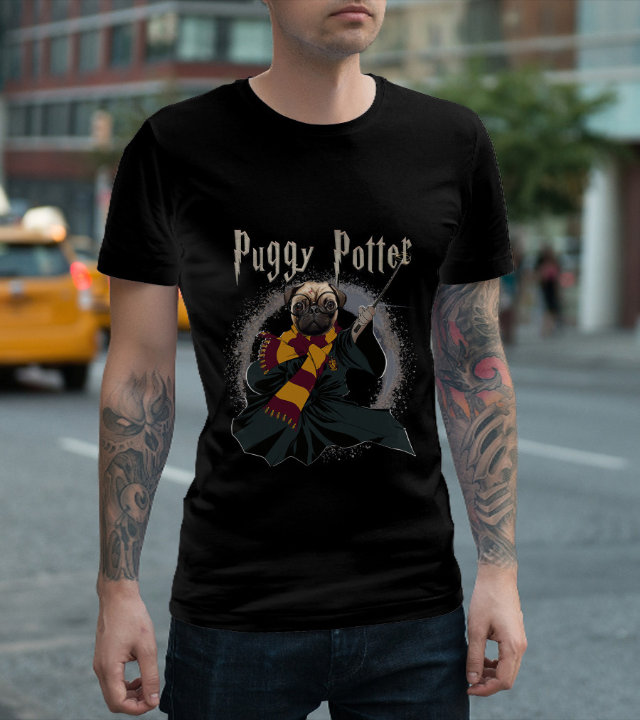 Puggy Potter Magic Wizard with Scarf and Wand T-Shirt