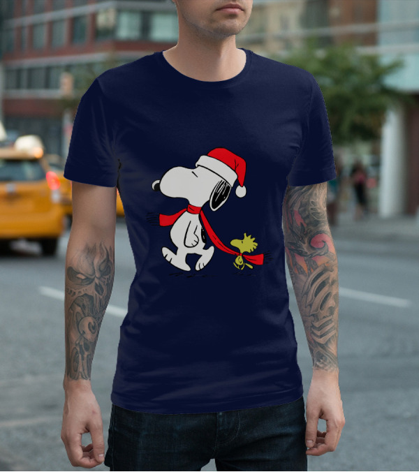 Snoopy Santa Hat And Woodstock Christmas Peanuts Scarf T-Shirt