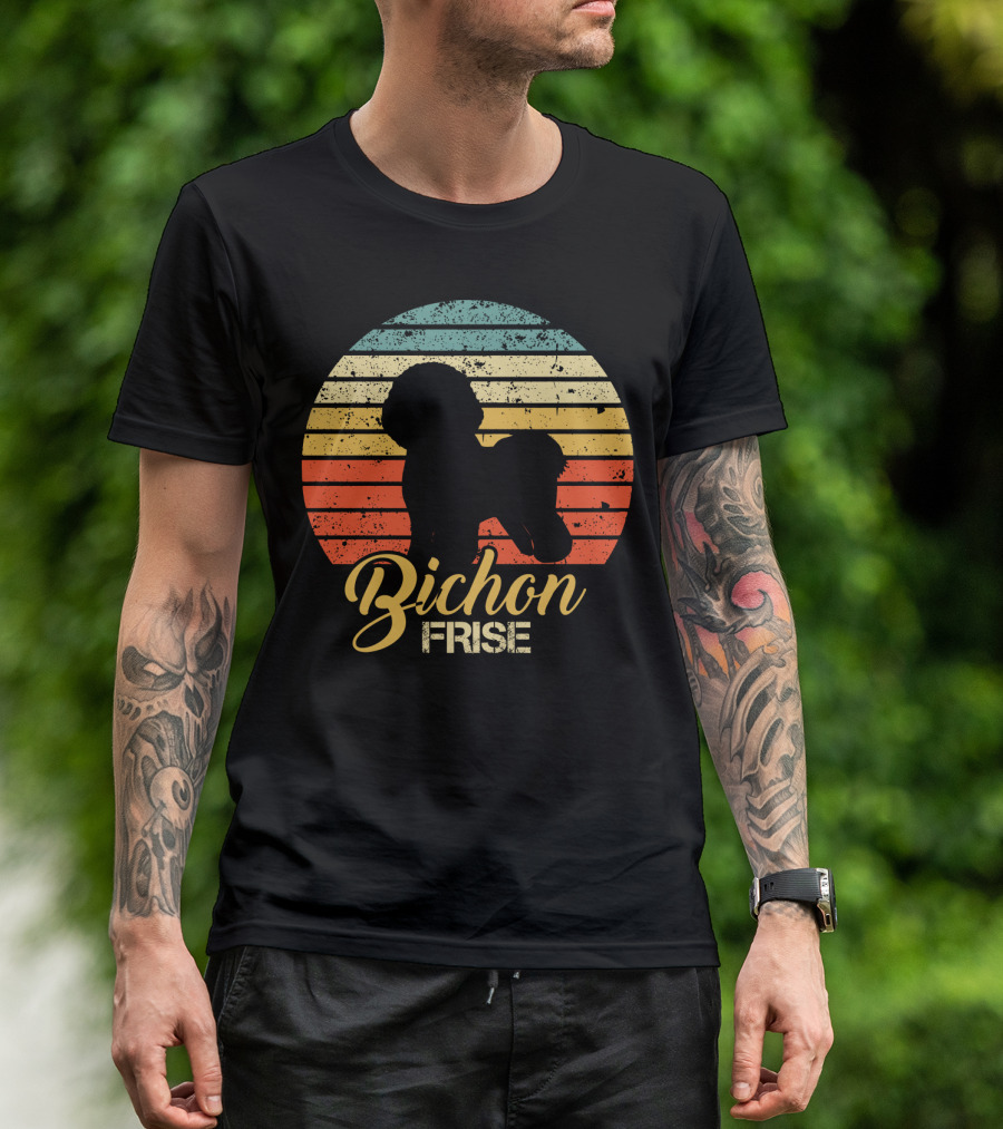 Retro Sunset Silhouette Bichon Frise Stripes T-Shirt