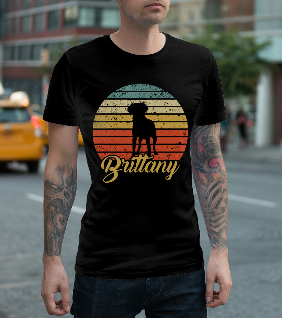 Brittany Spaniel Silhouette Retro Sunset Stripes T-Shirt