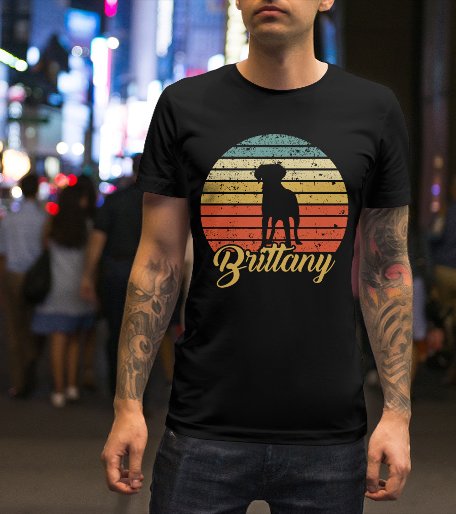 Brittany Spaniel Silhouette Retro Sunset Stripes T-Shirt