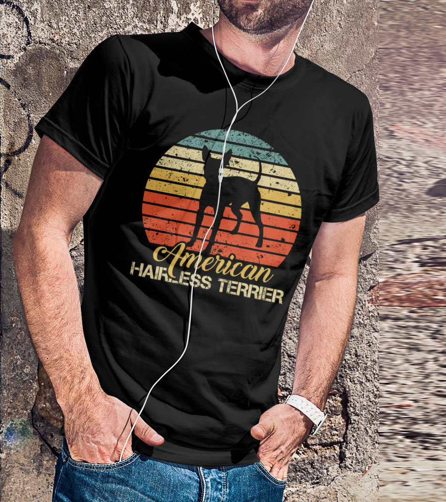 Retro Vintage American Hairless Terrier With Striped Sunset Background T-Shirt