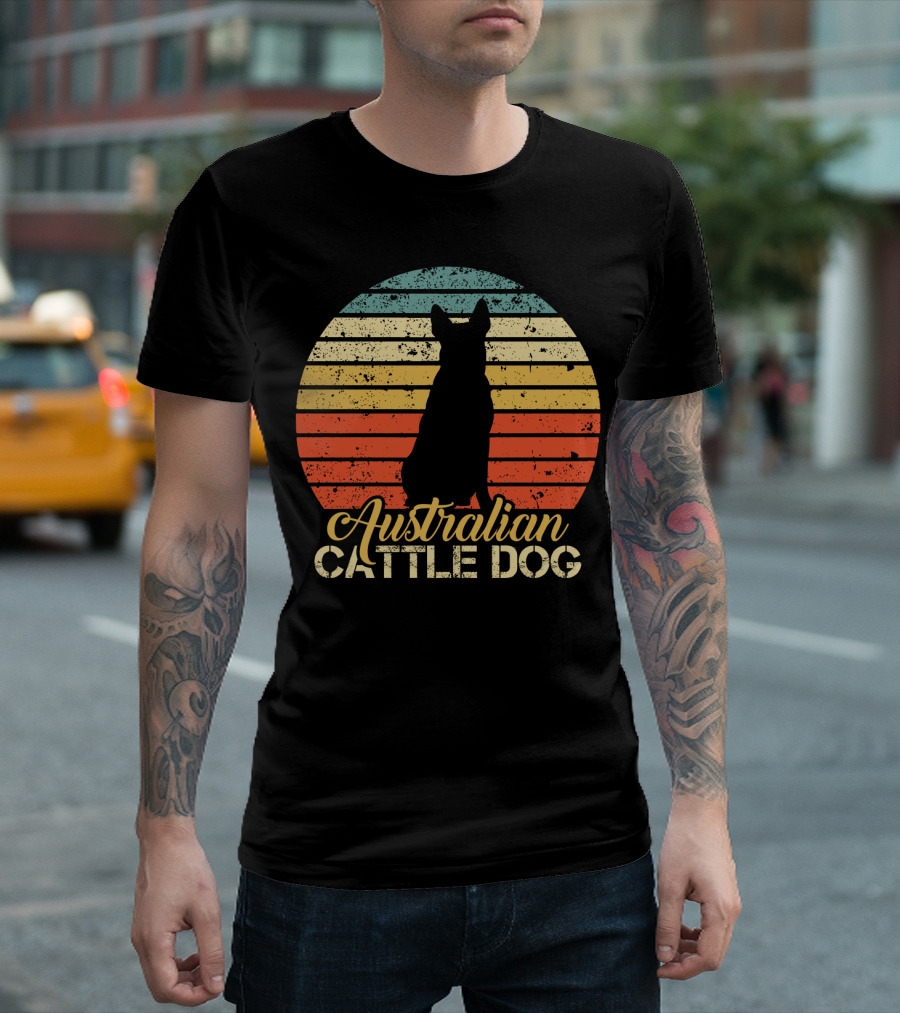 Retro Australian Cattle Dog Silhouette with Vintage Striped Sunset T-Shirt