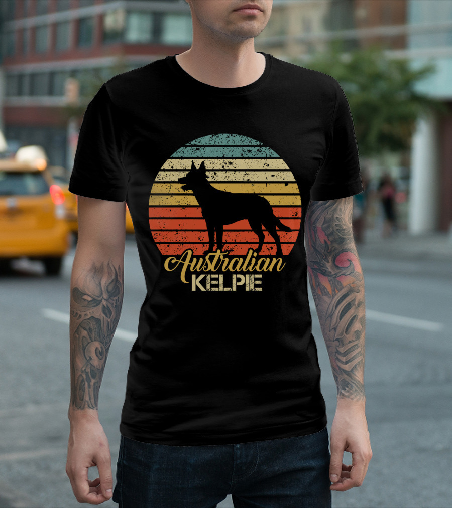Retro Australian Kelpie Silhouette with Vintage Stripes T-Shirt