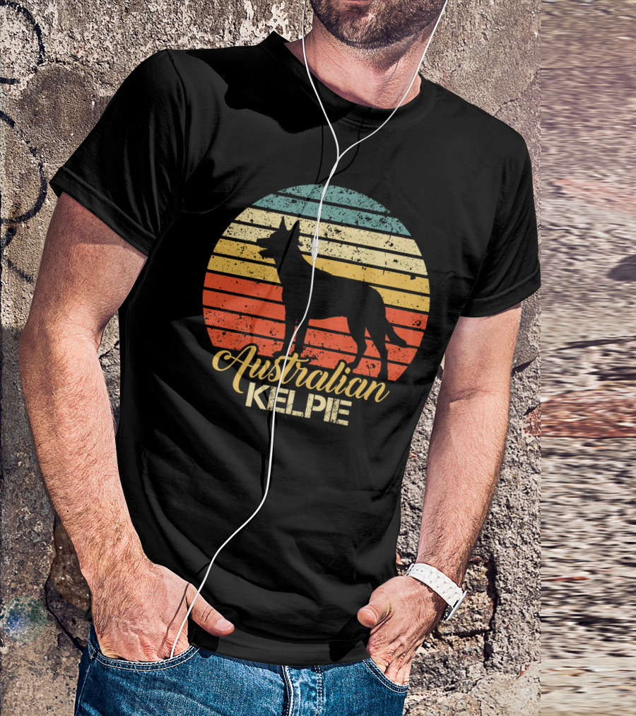 Retro Australian Kelpie Silhouette With Vintage Stripes T-Shirt