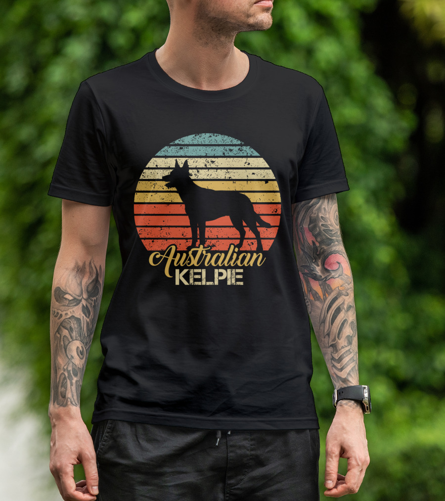 Retro Australian Kelpie Silhouette With Vintage Stripes T-Shirt