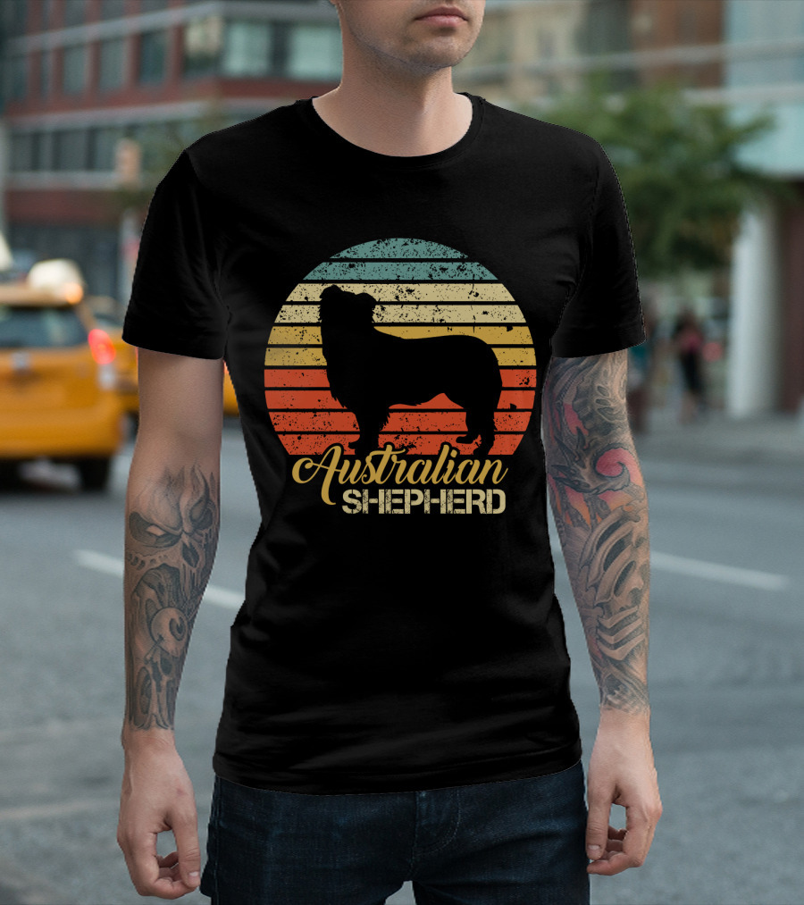 Retro Striped Silhouette Vintage Australian Shepherd T-Shirt