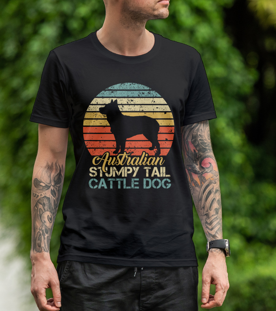 Vintage Retro Australian Stumpy Tail Cattle Dog Silhouette Sunset Stripes T-Shirt