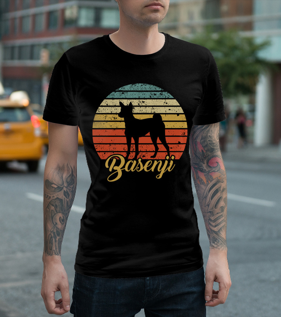 Vintage Basenji Silhouette Retro Striped Circle T-Shirt