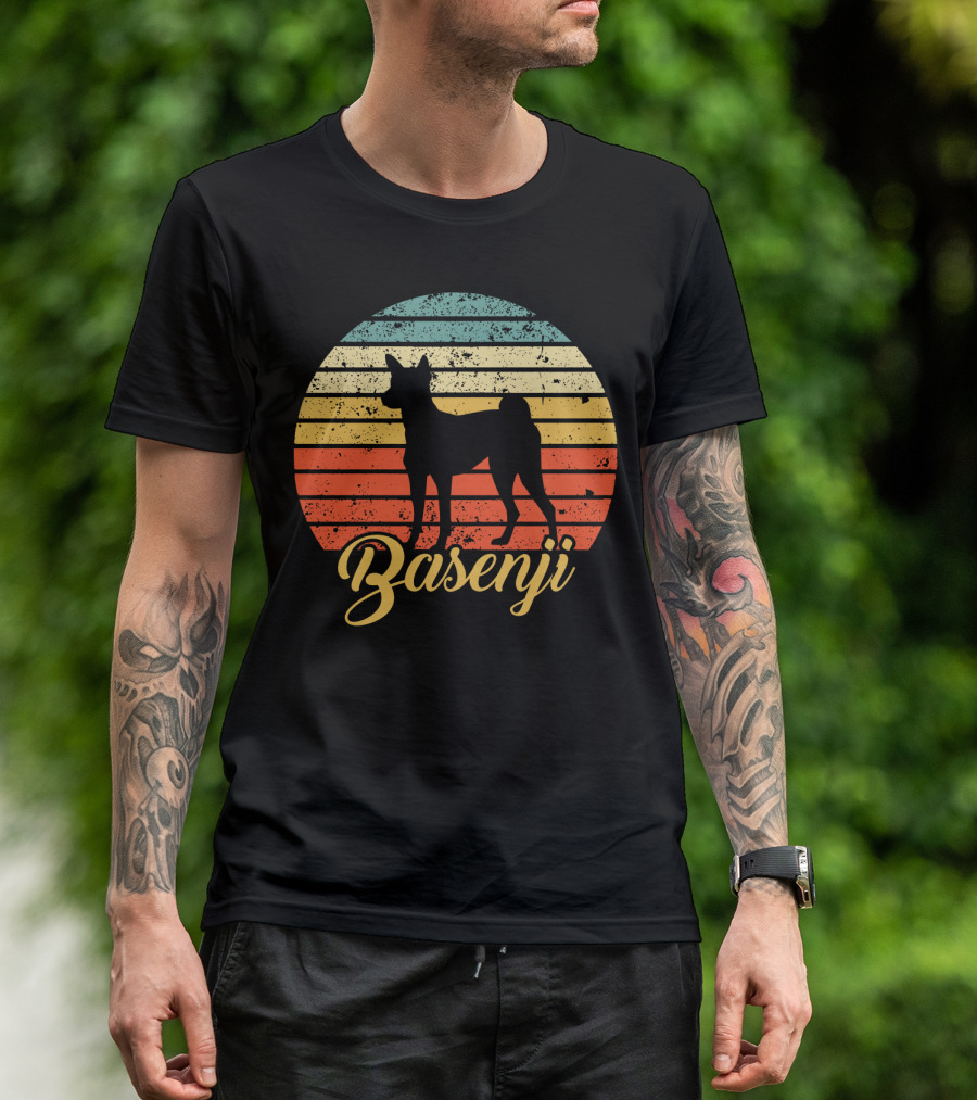 Vintage Basenji Silhouette Retro Striped Circle T-Shirt