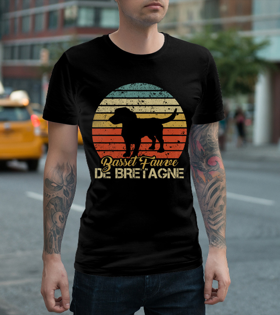 Retro Stripes Basset Fauve De Bretagne Silhouette Vintage T-Shirt