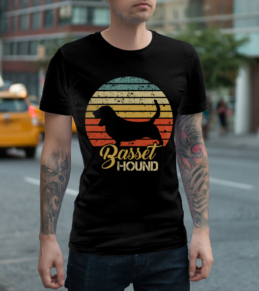 Retro Basset Hound Silhouette in Vintage Sunset T-Shirt