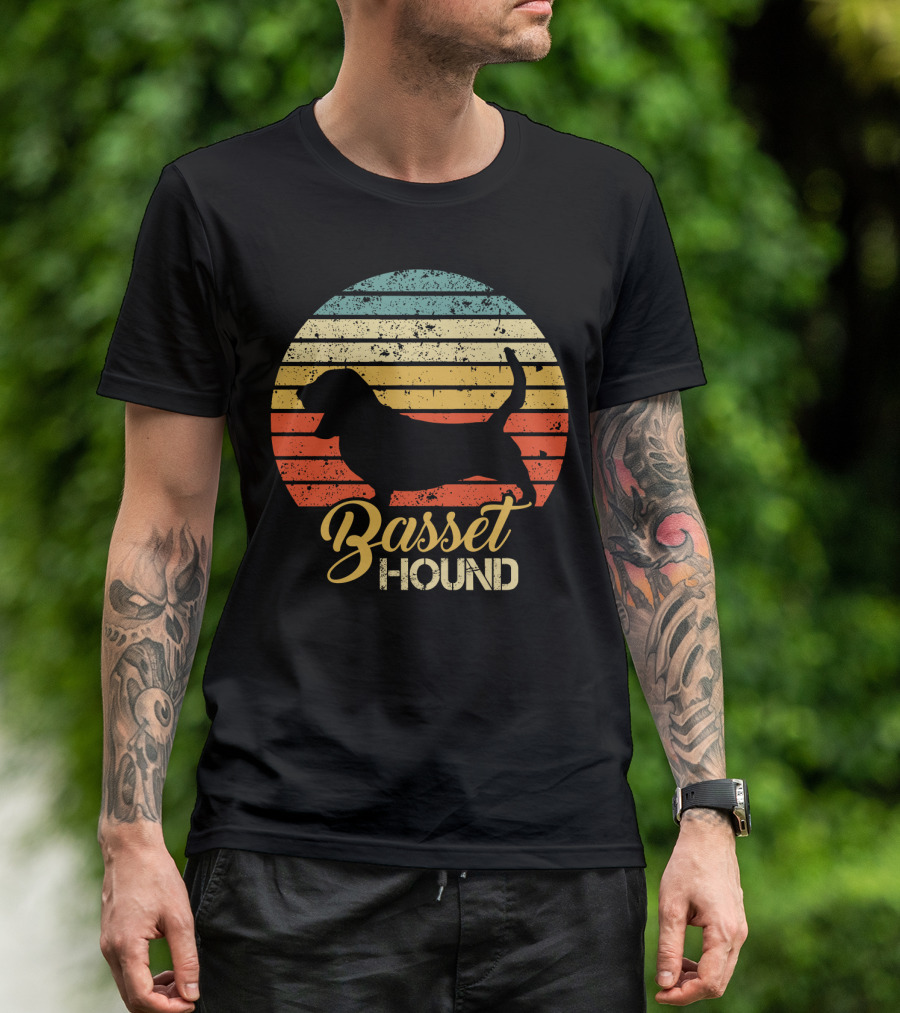 Retro Basset Hound Silhouette In Vintage Sunset T-Shirt