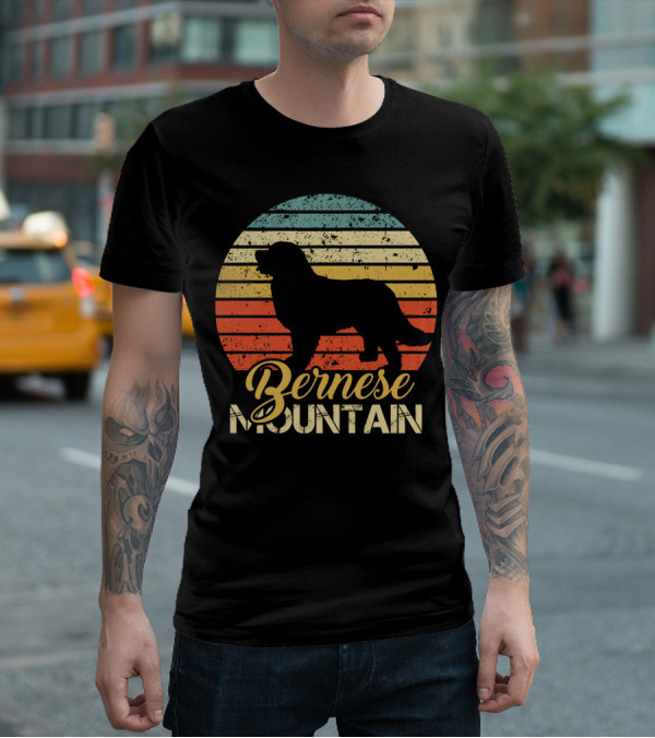 Retro Bernese Mountain Dog Silhouette With Striped Sunset Background T-Shirt