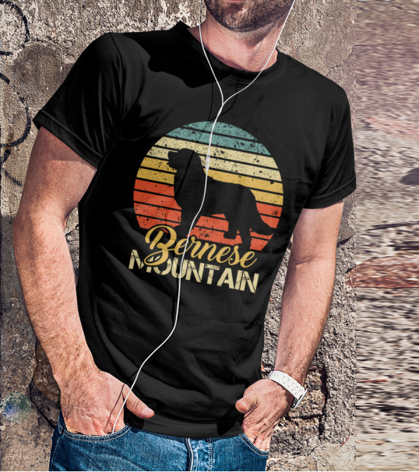 Retro Bernese Mountain Dog Silhouette With Striped Sunset Background T-Shirt