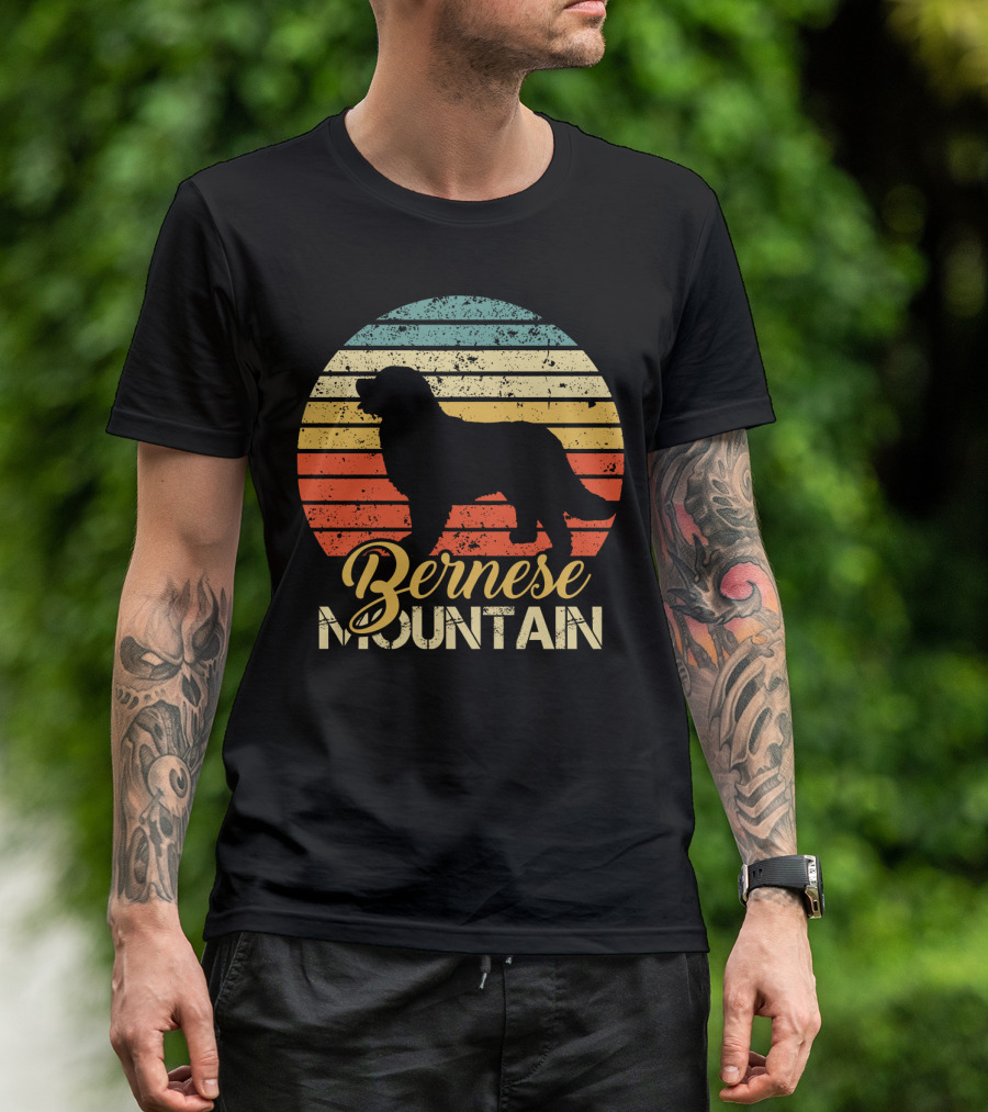 Retro Bernese Mountain Dog Silhouette With Striped Sunset Background T-Shirt