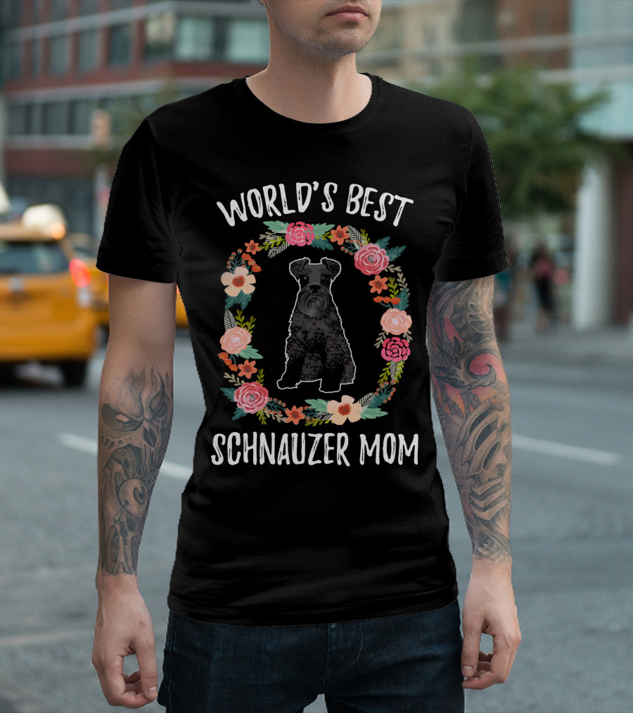 World's Best Schnauzer Mom Black Schnauzer Floral Wreath T-Shirt