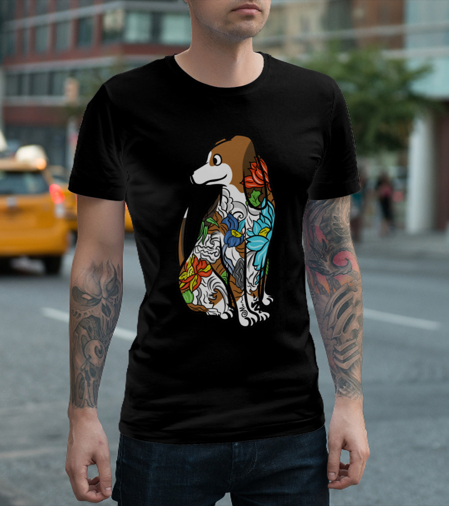 Basset Hound Tattoo Floral Art Design With Vibrant Colors T-Shirt