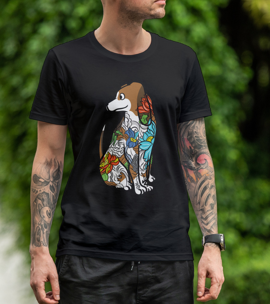 Basset Hound Tattoo Floral Art Design With Vibrant Colors T-Shirt