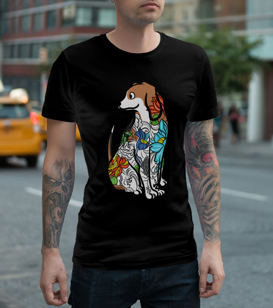 Beagle with Vibrant Floral Tattoo T-Shirt