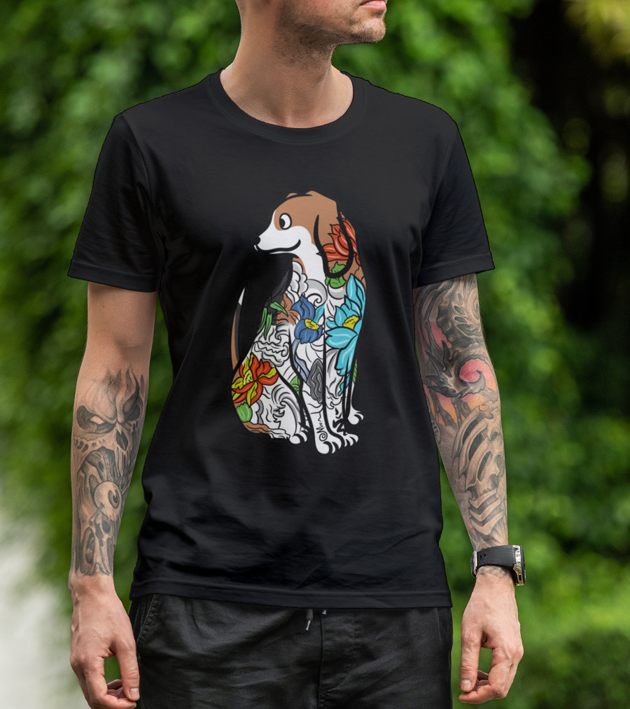 Beagle With Vibrant Floral Tattoo T-Shirt
