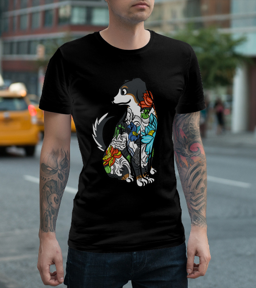 Colorful Floral Tattoo Style Bernese Mountain Dog T-Shirt