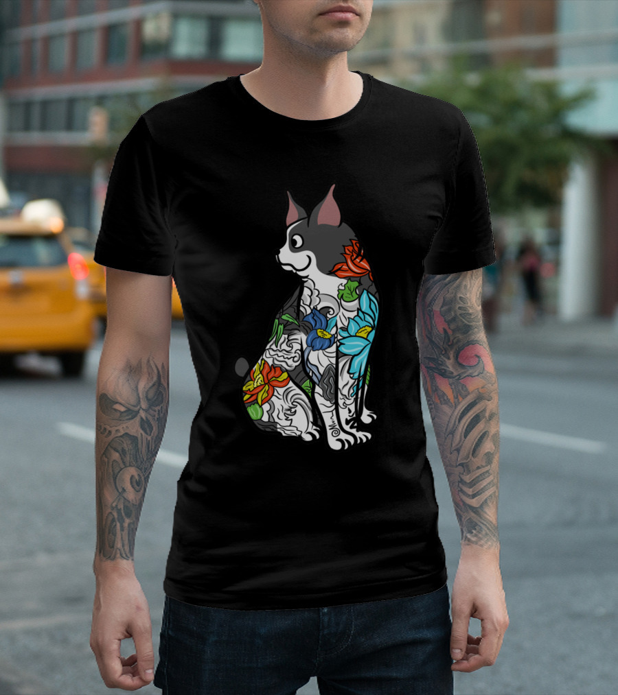 Boston Terrier with Colorful Floral Tattoo T-Shirt