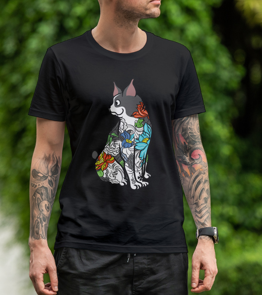 Boston Terrier With Colorful Floral Tattoo T-Shirt