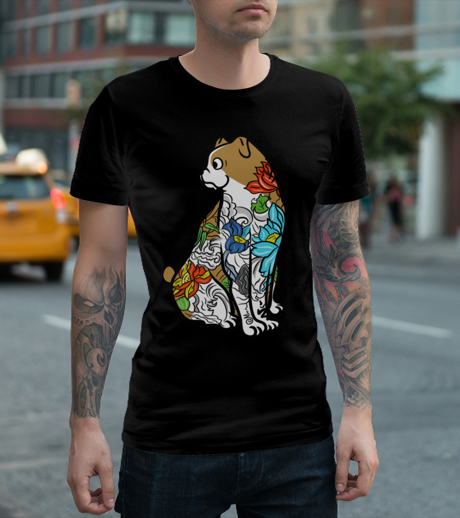 BULLDOG TATTOO FLORAL PATTERN COLORFUL T-Shirt