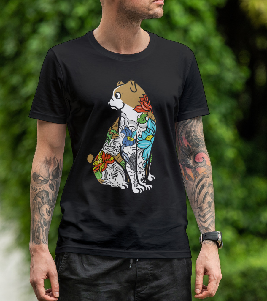 BULLDOG TATTOO FLORAL PATTERN COLORFUL T-Shirt