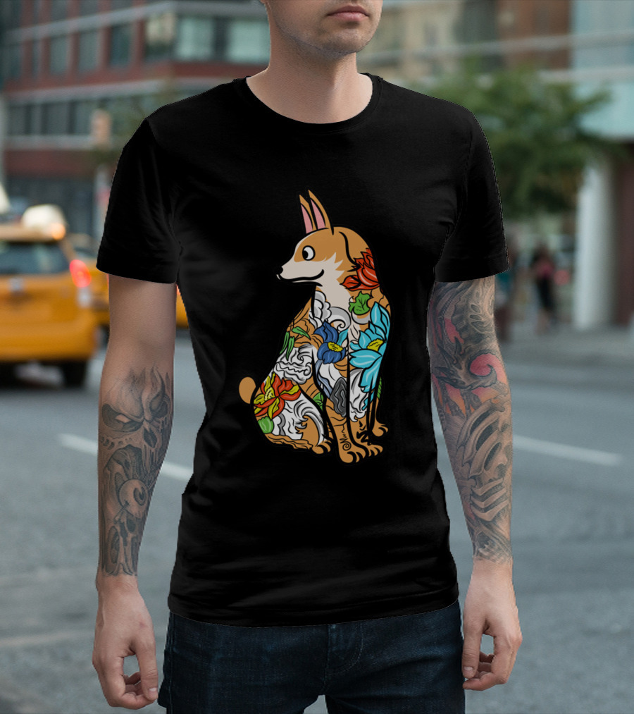 Corgi with Colorful Floral Tattoo T-Shirt