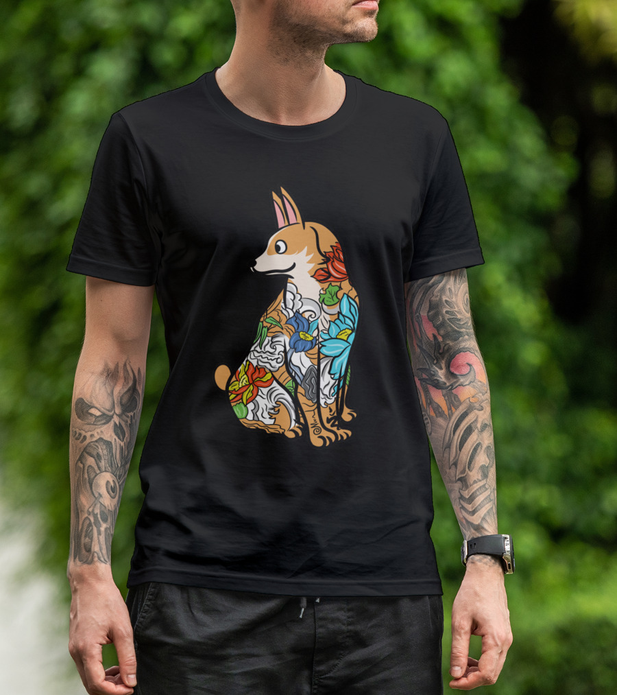 Corgi With Colorful Floral Tattoo T-Shirt
