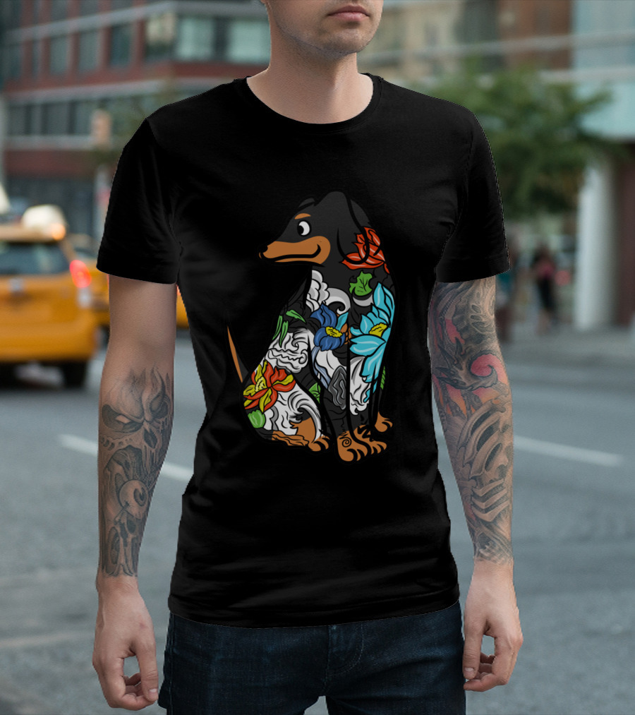 Colorful Floral Dachshund Tattoo Design With Artistic Flower T-Shirt
