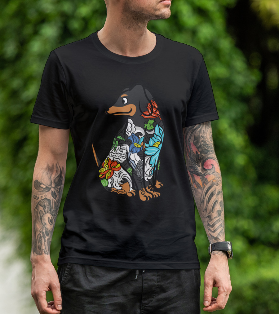 Colorful Floral Dachshund Tattoo Design With Artistic Flower T-Shirt