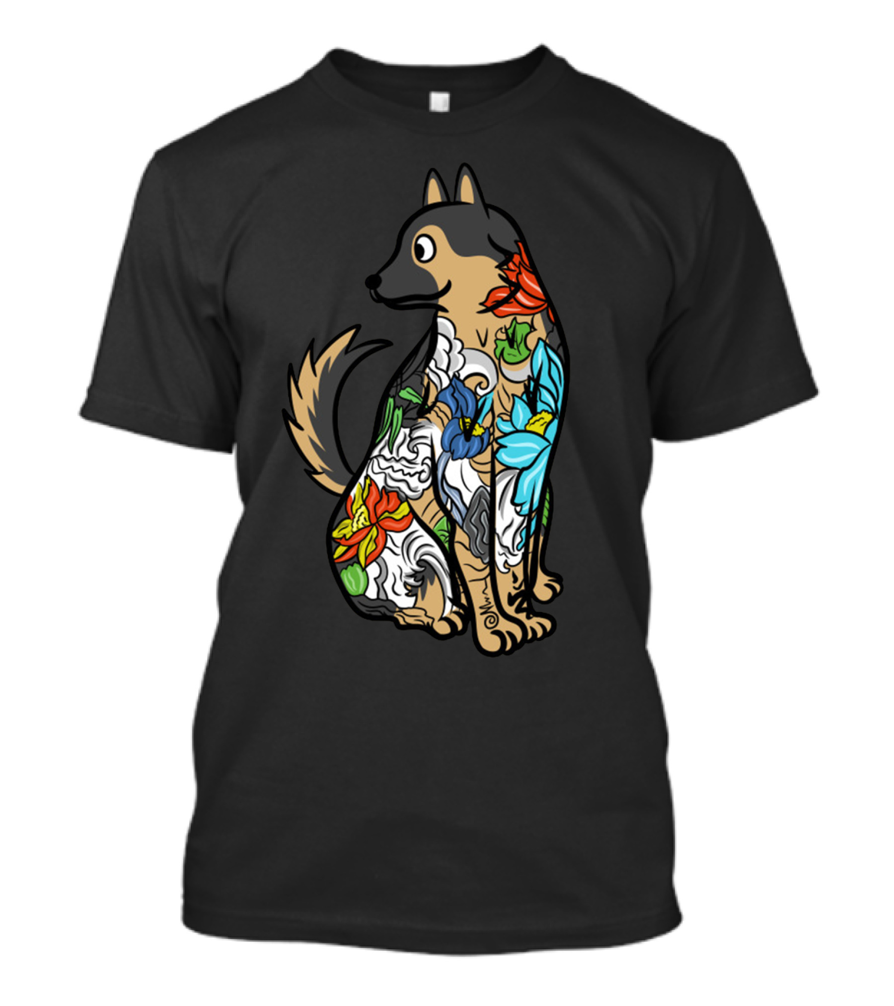 German Shepherd Vibrant Floral Tattoo T-Shirt