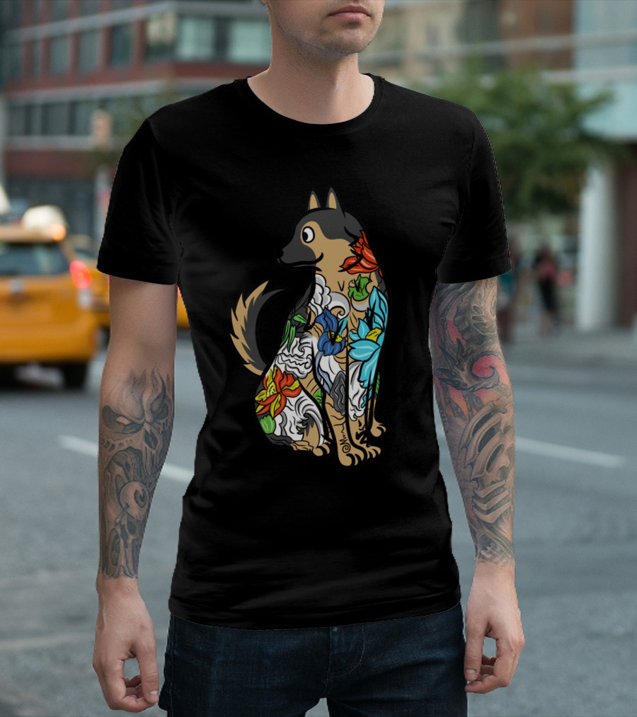 German Shepherd Vibrant Floral Tattoo T-Shirt