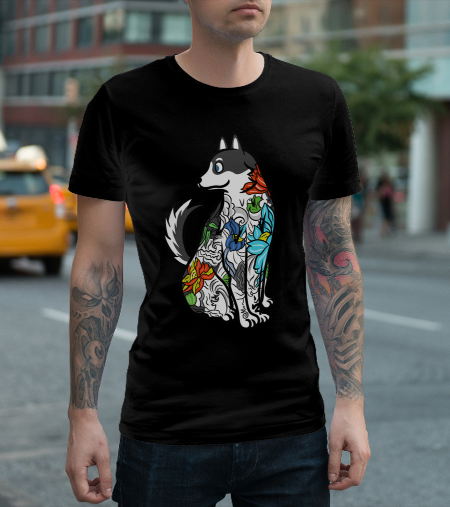 Husky Tattoo Floral Art Pattern In Black And Multicolor T-Shirt