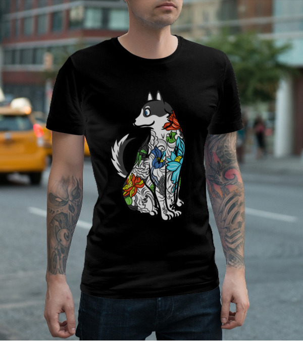 Husky Tattoo Floral Art Pattern In Black And Multicolor T-Shirt