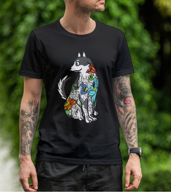 Husky Tattoo Floral Art Pattern In Black And Multicolor T-Shirt