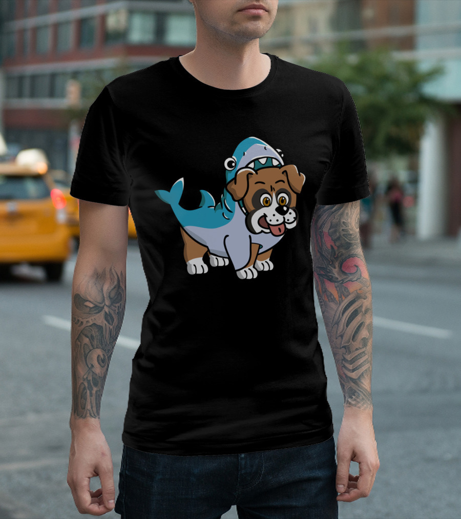 Friendly Boxer Dog in Shark Costume Playfully Walking T-Shirt
