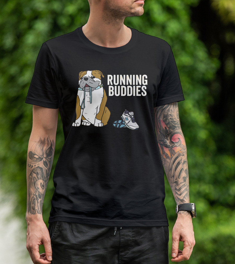 Bulldog And Sneakers Running Buddies With Leash And Shoe Companion T-Shirt