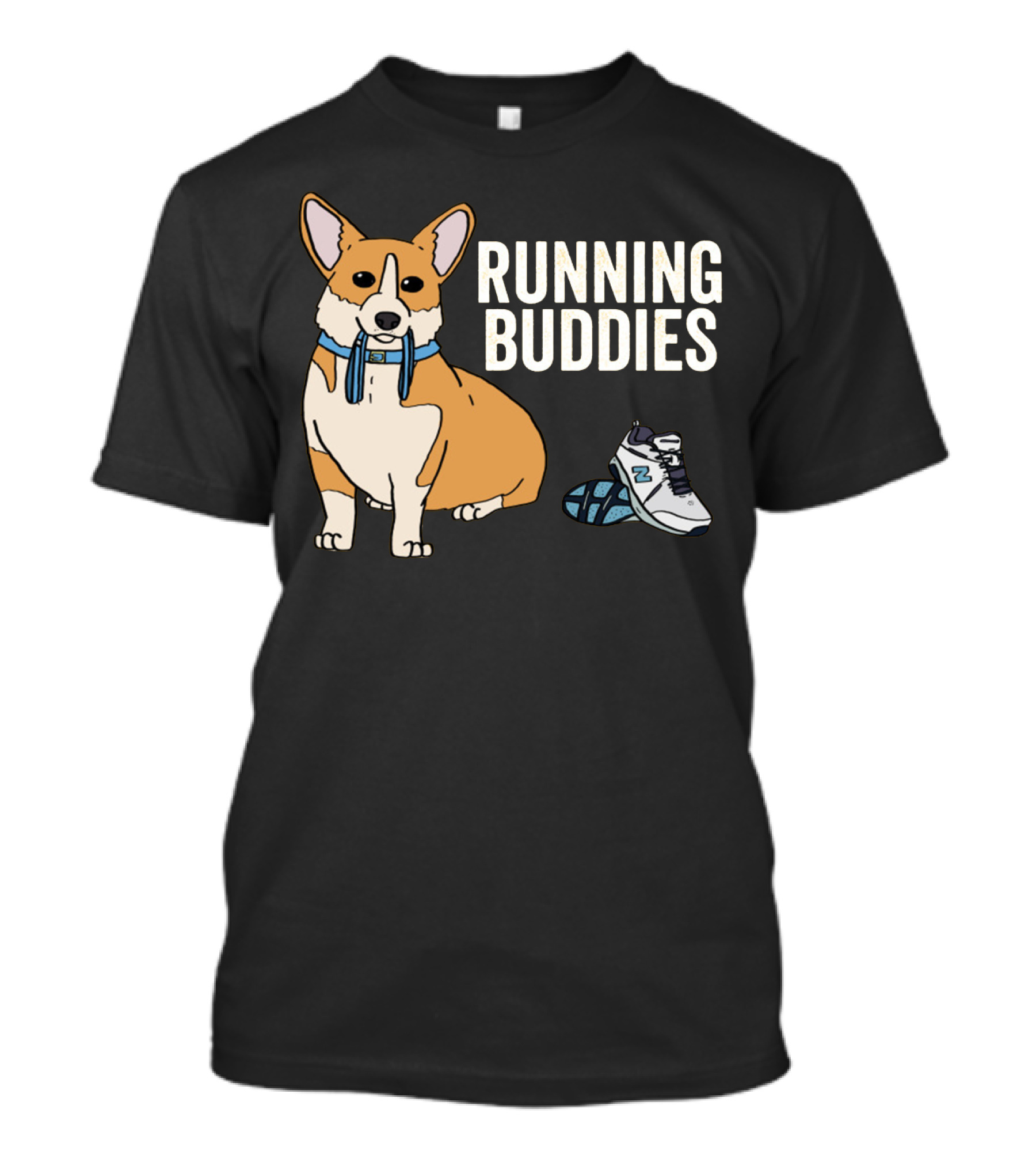 Corgi Running Buddies With Sneakers And Blue Collar T-Shirt