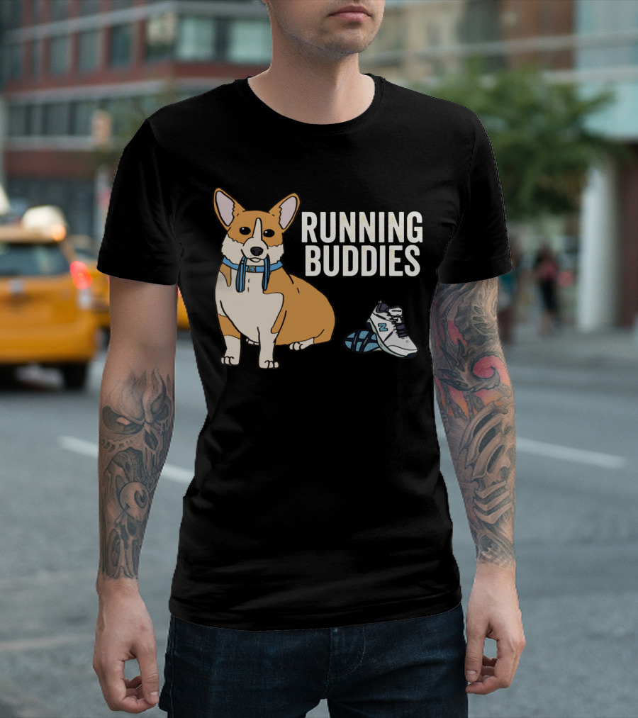Corgi Running Buddies with Sneakers and Blue Collar T-Shirt