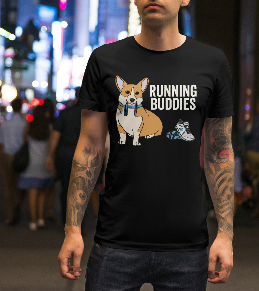 Corgi Running Buddies With Sneakers And Blue Collar T-Shirt