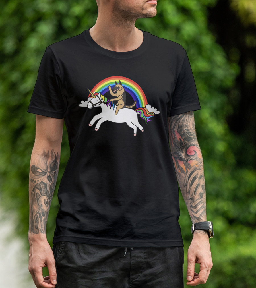 German Shepherd Joyfully Riding A Rainbow Unicorn With Clouds T-Shirt